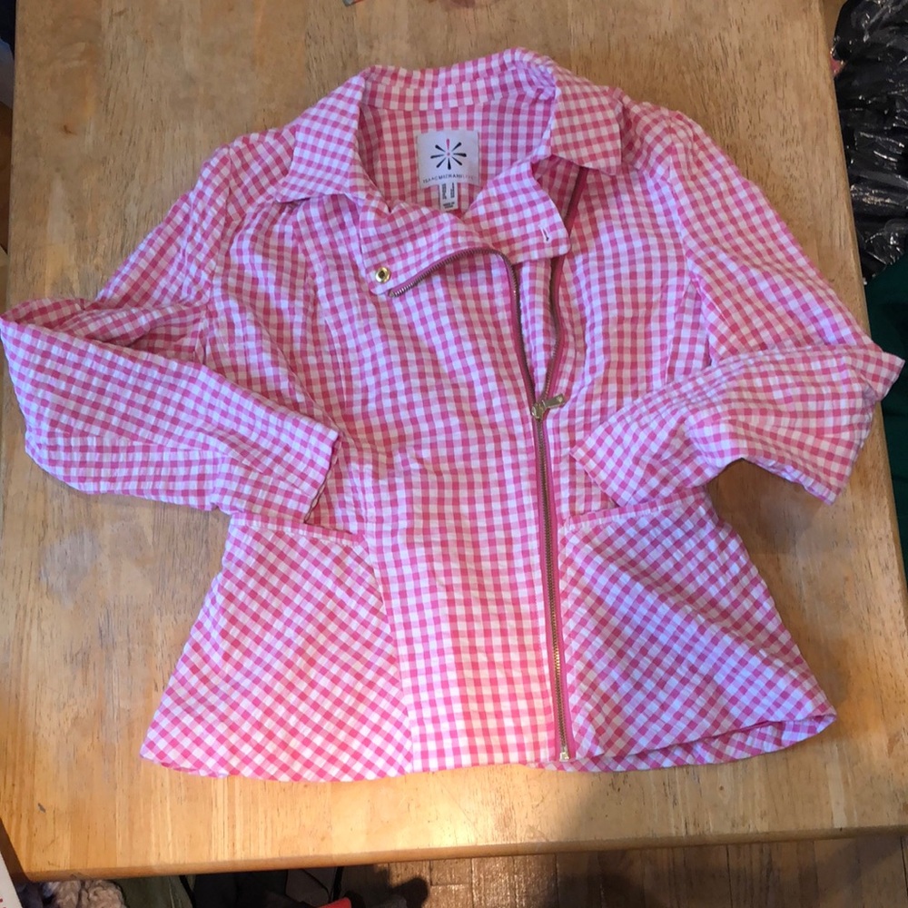 Isaac Mizrahi Pink Gingham Moto Peplum Jacket